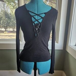 Project Social T Black Ribbed Lace-Up Long Sleeve Top